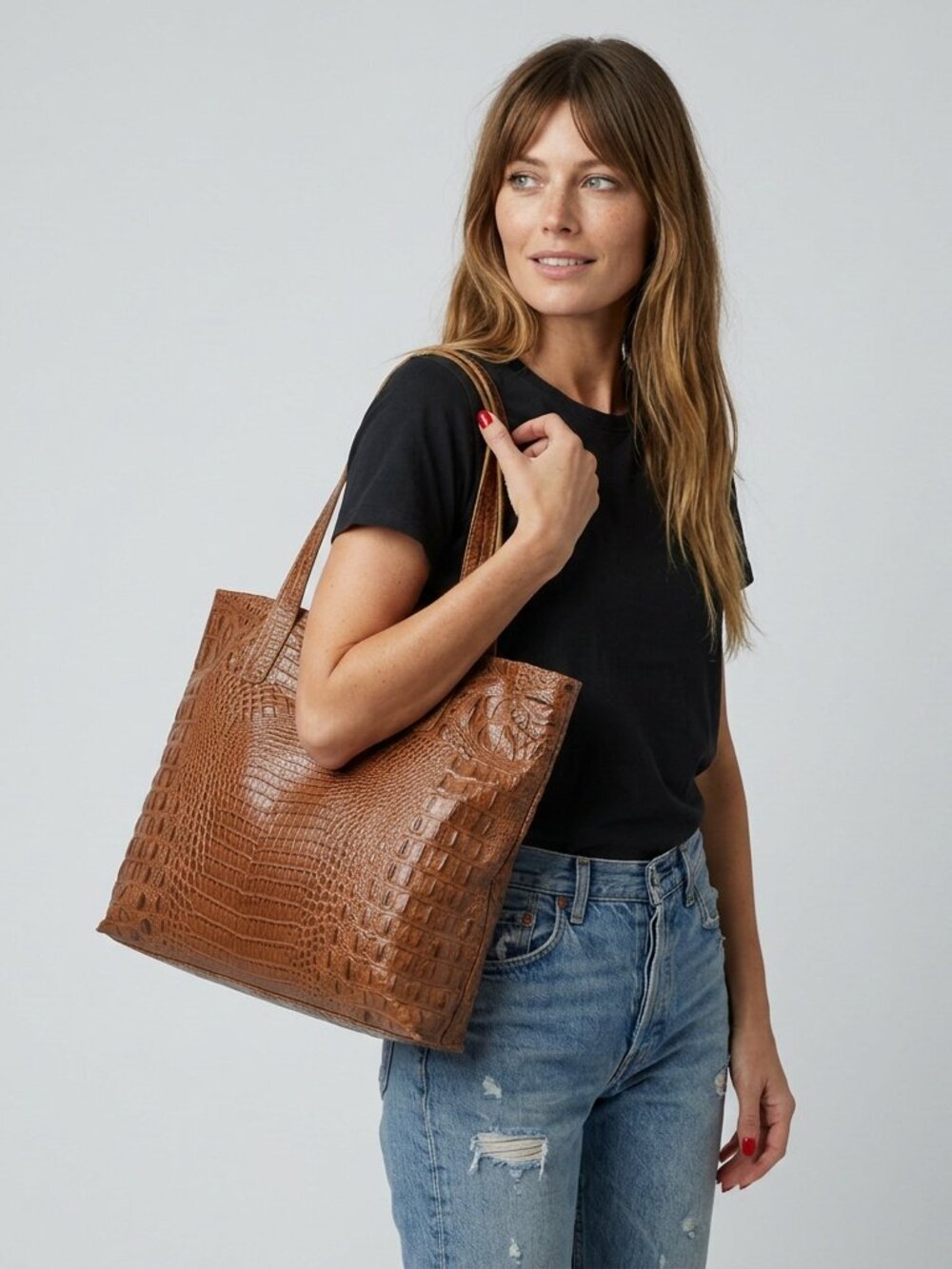 Vintage Alligator Handmade Tote Bag Brown Boho Satchel 70s Purse